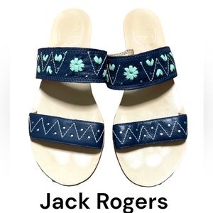 Jack Rogers Adair‎ Two Strap Leather Slide Navy and Mint  Sandals, Size 7.5